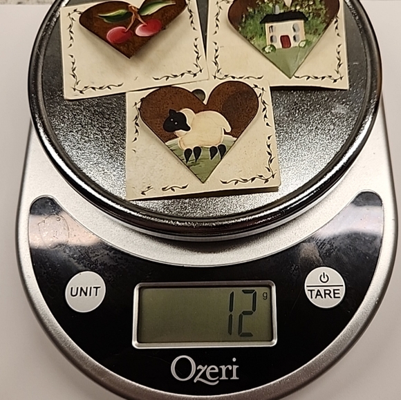 Primitive Folk Art Heart Shaped Brooches With Images of a Lamb, Cherry, & Cottag - Picture 10 of 10